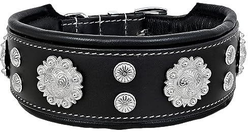 MICHUR Nero Hundehalsband Leder, Lederhalsband Hund, Halsband, schwarz mit schönem Stanzmuster und silbernen Aplikationen Breit, Leder, in verschiedenen Größen erhältlich