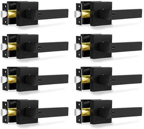 RAZCC Privacy Door Levers, 8 Pack Matte Black Door Handles Heavy Duty Bed and Bath Door Locks Interior Keyless Locksets, Reversible for Left Right Handed Doors