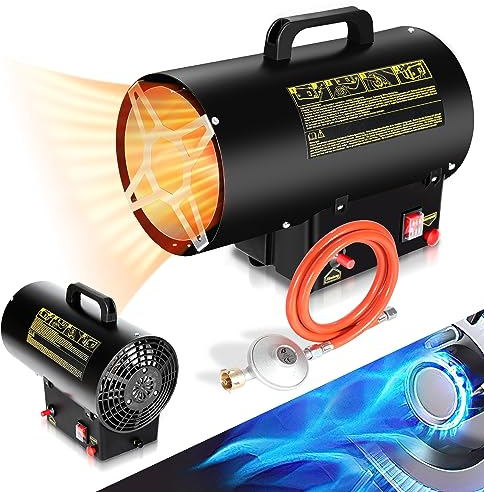 Tubiaz Stufa a gas in acciaio inox, da 10 KW, con consumo di gas di 0,73 kg/h e flusso d'aria di 320 m³/h, riscaldamento a gas, termoventilatore