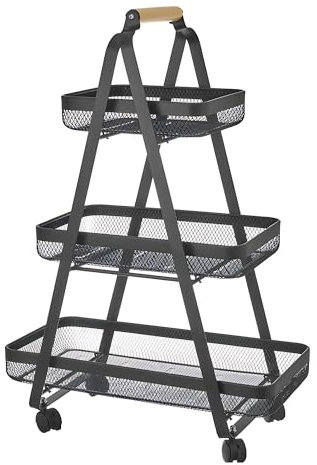 Estantería Multiusos con Ruedas de 3 cestas de Metal Negro, frutero de Cocina de 57x31x83 cm (Negro)