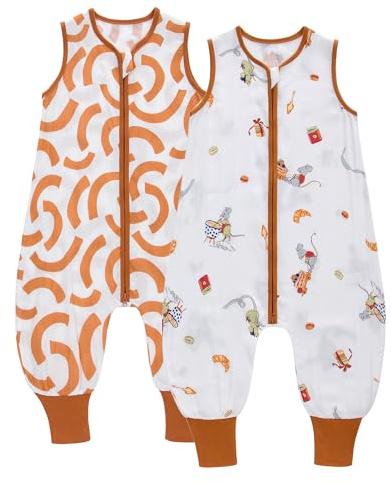 LAT 2er Pack Baby Schlafsack mit Füße 0.5 TOG, Musselin Sommerschlafsack, Babyschlafsack Sommer mit Beinen für Säugling Kinder Junge Mädchen, Länge 86 cm, 2-4 Jahre (Maus+Bogen)