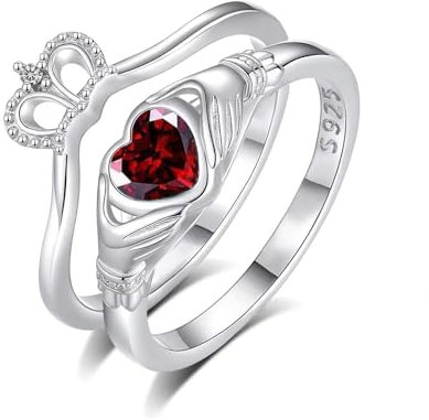 CTIEIP Claddagh-Verlobungsringe-Set aus 10 Karat 14 Karat 18 Karat Gold 0,03 Karat natürlicher Diamant in Herzform Edelstein Claddagh-Ring-Set Irischer Claddagh-Geburtsstein-Ring für Frauen,