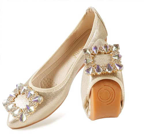 YOUNIFIZ Women Ballet Flats Buckle Rhinestone Wedding Ballerina Shoes Foldable Sparkly Comfort Slip on Flat Shoes(Gold,Size 9)