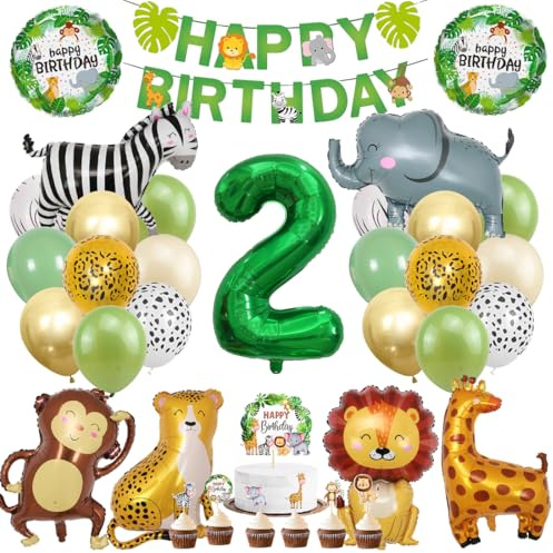 Dschungel Deko 2 Geburtstag, Dschungel Geburtstagsdeko 2 Jahr, Safari Tiere Folienballon 2, 41 Stück Waldtiere Luftballon Dekoration, Waldtiere Grüner Luftballon für Mädchen Junge Kinder
