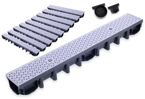 Durabern Set di grondaia di drenaggio, 98 mm, Modern Line, per giardino, cortile e terrazza, trasportabile su auto, con 2 raccordi di scarico (DN 110, DN 50) (9 m, grigio)