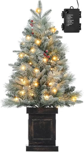 90cm Premium Weihnachtsbaum Künstlich mit 78 Warmweiß LEDs - Batteriebetrieben Künstlicher Weihnachtsbaum mit 8 Einstellbare Modi, Weihnachtsbaum mit Dichte Zweige, Rote Beeren und Vintage-Basis