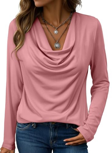 EVALESS Womens Spring Clothes 2026 Long Sleeve Silky Teacher Shirts for Women Cowl Neck Formal Blouses Tee Shirt for Women Business Professional Pink Elegant Wrap Tops for Office Work, Large