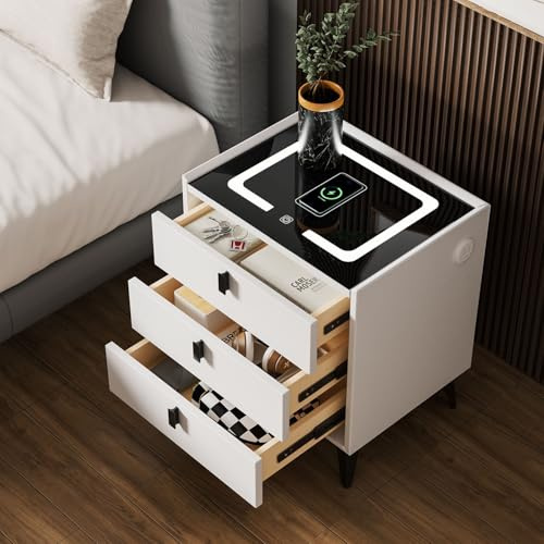 Oyajia Table de chevet avec fonction téléphone portable à recharge sans fil, table de chevet avec lumière LED, 3 tiroirs, armoire de lit, commode, salon, chambre à coucher (noir et blanc)