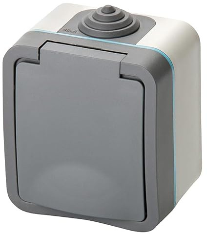 Base enchufe IP54, superficie Luxe, resistente al agua y al polvo, ideal para instalaciones interiores y exteriores.