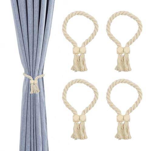 WPPQWP 4 Stück Vorhang Raffhalter Magnetisch, Vorhanghalter Aus Holz Boho, Gardinenhalter Beige, Baumwollseil, Für Wohnzimmer, Schlafzimmer, Büro, Klassenzimmer