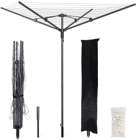 SZJoyBet Outdoor Umbrella Clothes Drying Rack, 165 Feet Drying Space, 4 Arms 12 Lines, Steel Frame with Ground Spike, Rotary Clothesline for Backyard