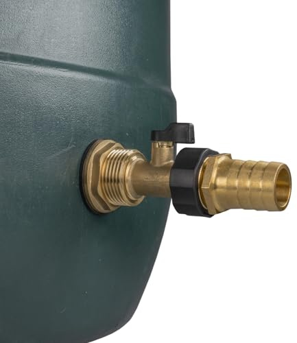 3/4 Water Butt Replacement Faucet – Brass Metal Lever Tap with UK Bib Outlet & Hose Barb Adapter,Quick Connect Garden Hosepipes (Brass Valve 1 Barb)