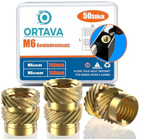 ORTAVA M6 Gewindeeinsatz, 50 Stück Einpressmuttern (M6x8x8mm+M6x10x8mm) für Kunststoffteile, Messing Einschmelzgewinde, Threaded inserts für Durch Wärme Einschmelzen in 3D-Druck-Teile
