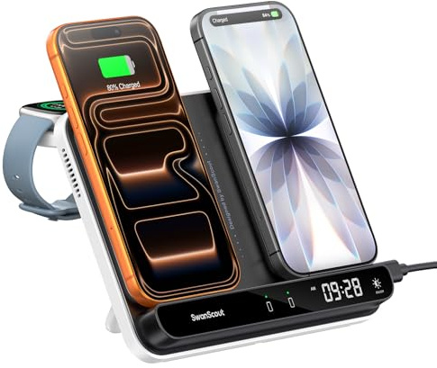 Dual Phone Wireless Charger for iPhone 17/16/15/14, for Galaxy S25/S24/S23/S22, for Pixel 9 Pro Fold/8/7, Only for Fitbit Versa 4/3/Sense 2, Pixel Watch 3/2(Not for Watch 4/1), SwanScout 710FG2