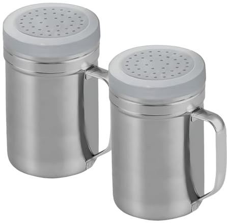 Stainless Steel Large Salt Shaker Duster - Multipurpose Sugar Salt Shaker And Popcorn Sprinkler - Medium Sifter With Lid, Easy-Grip Handle | 14 Oz - Pack Of 2