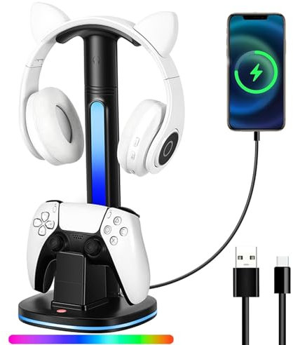 PS5 Controller Charging Dock with RGB Headphone Stand | 2-in-1 Dual USB Fast Charging Station for PS5 Controllers | RGB LED Gaming Headset Stand & Multi-Functional Gaming Accessories