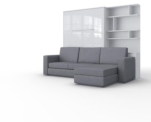 MAXIMAHOUSE Schrankbett vertikal mit Ecksofa 140x200 – Wandklappbett INVENTO 140V LED für Erwachsene – mit Lattenrost aus Holz Klappbett platzsparend für Wohnzimmer & Gästezimmer