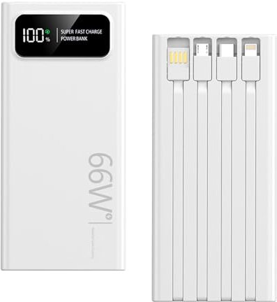 Journeyside Batterie Externe, Power Bank 10000mAh 66W, PowerBank Charge Rapide PD20W, Chargeur Externe Portable, avec 6 Sorties &3 Entrées & Affichage LED, Compatible iPhone 16/15/14/Pro/ProMax,Blanc
