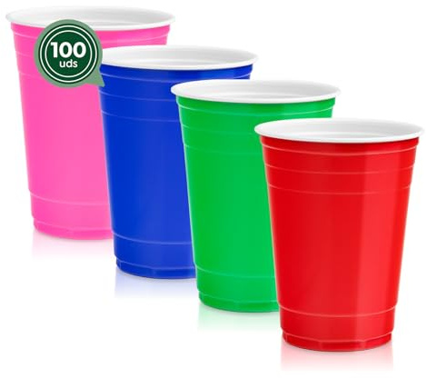 Maxi Products - Lot de 100 verres bicolores en plastique réutilisables multicolores - 450 cc - Verres recyclables - Tasses américaines - Jeu de bière - Verres à bière - Fêtes, célébrations - Beer Pong