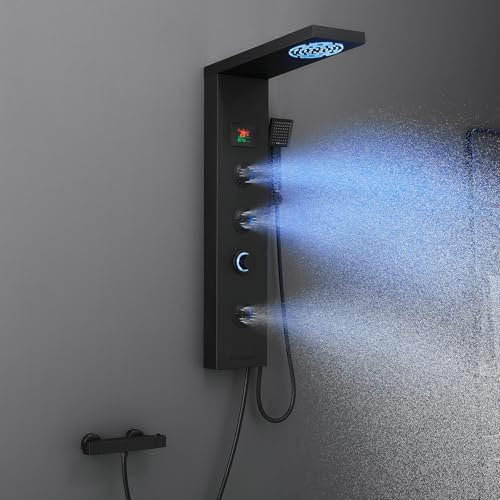 KINKIBOS Pannello doccia senza rubinetto, 6 funzioni, pannello doccia con indicatore di temperatura a LED, doccia a pioggia, doccia a pioggia, 2 modalità, ugelli massaggianti, doccetta e entrata