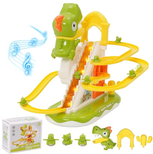 Dinosaurier Kletterrutsche Treppe Spielzeug, Elektrisches Treppensteiger Spielzeug mit 3 Klein Dinosaurier, Achterbahn Rennbahn Spielzeugs, Dino Slide Track mit Licht und Musik, Geschenk für Kinder 3+