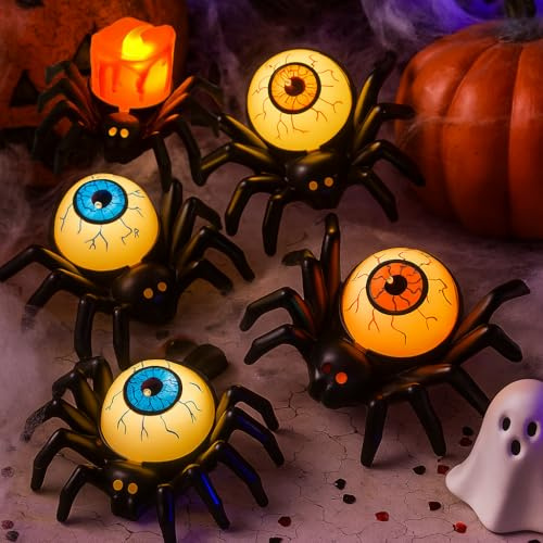 Fancysky Luz de Vela de Araña de Halloween, 12 Piezas Halloween Araña Luz de Luces Led sin Llama, Lámpara de Vela con Globos Oculares, Calabaza Luces Decorativas, Decoraciones de Hallo Ween Interior