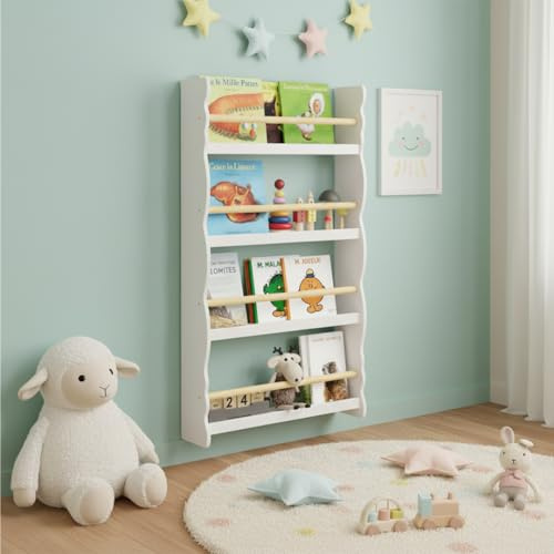 Bellabino Tista Bücherregal Kinder – Kinderbücherregal mit 4 Fächern für Bücher & Spielzeug – Wandregal Kinderzimmer/Spielzimmer – Kinderregal Weiß – Montessori Regal – Spielzeugregal Holz 100x60x10cm