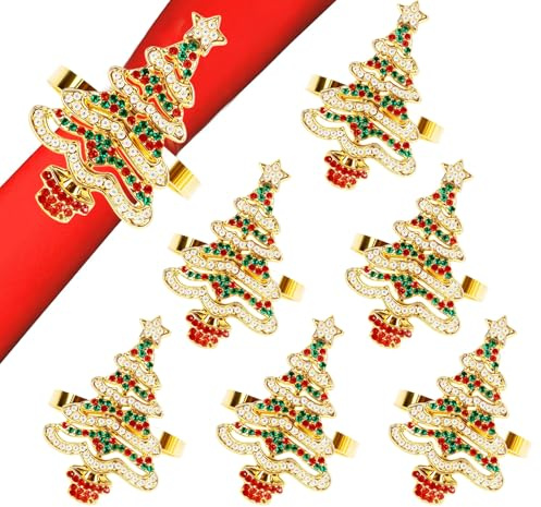 Anstore 6PCS Christmas Tree Napkin Rings Set, Alloy Gold Green Red Holiday Table Decor for Dinner Party Wedding Table Setting Gold Xmas Napkin Ring Christmas Napkin Holders Napkin Rings Set of 6
