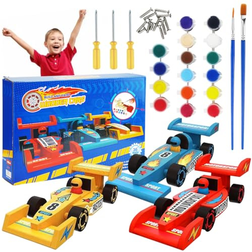 3 Stück Rennauto Bausatz Holz, Kinder Autos Bastelset zum Bemalen, Holz Auto Bastelset Kinder, Holzbastelset Kreativ DIY Handwerk Basteln Spielzeug Geschenk für Jungen Mädchen ab 5 6 7 8 9 10 Jahre