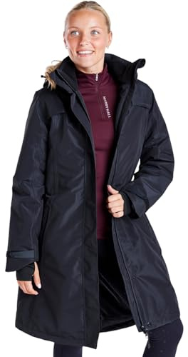 Harry Hall All-Weather Long Coat – Waterproof, Breathable, Thermal Fill, Rear Riding Vent, Magnetic Fasteners, Detachable Hood, Two-Way Zip - Black - M