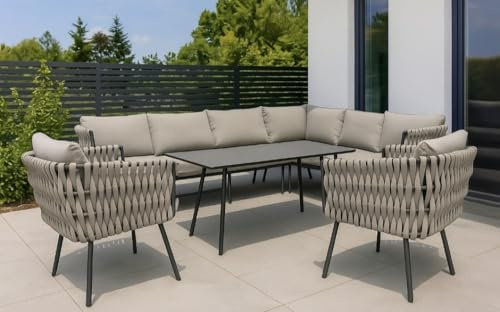 Gardissimo Dining Eck Lounge Set Abby Rechts Taupe für 9 Personen | mit Ecksofa, Esstisch, 2 Sessel, Kissen, Wetterfest, Bezüge Waschbar, Aluminium