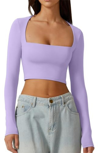 Intimo termico donna maglietta da donna con scollo quadrato aperto con cordone ombelicale a maniche lunghe, vestibilità aderente