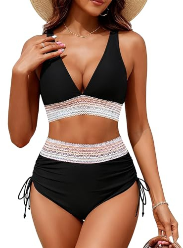 Women's High Waisted Bikini Set with Adjustable Straps Top Bottoms 2 Piece Bikini Swimsuit Tummy Control Swimming Costume for Beach Holiday
