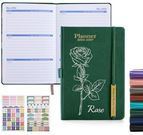ENOMY Personalisierter Wochenplaner 2026 Hardcover mit PU-Leder – A5 Schülerkalender & Terminkalender mit Stifthalter, Innentasche und Kalenderstickern Grün