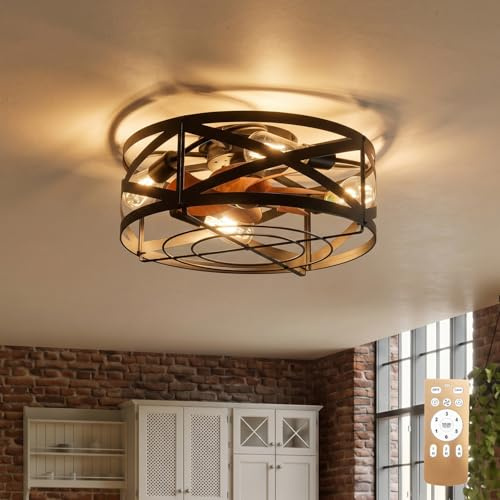 YOLEDY Ventilatore da Soffitto con Luce Silenzioso, Design Industriale Vintage a Gabbia con Motore DC, Plafoniera Ventilatore 6 Velocità + Telecomando, 4x E27, Funzione Reversibile, Nero