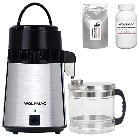 Wolfmac® Rostfritt stål vattendestiller UK med glaskanna & gratis kolfilter och gratis restrengörare