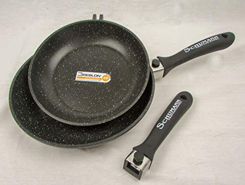 Schumann Professionnel - Lot de 2 Poêles Moove Revêtement en Pierre - Compatibles Tous feux dont Induction - Fonte d'Aluminium - Manches Amovibles en Silicone - Couvercle Non-Inclus - 24/28cm