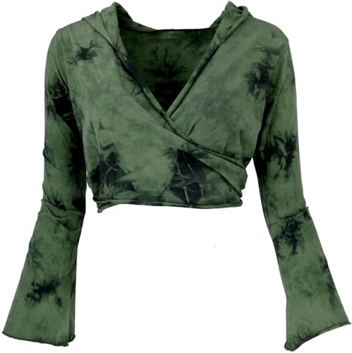 Guru-Boutique, Wrap Top, Yoga Top, Chemise à Manches Longues Avec Manches Trompettes, Batik/vert, Ducoton, Size:M / L (40), Chandails, Sweat-shirts à Manches Longues