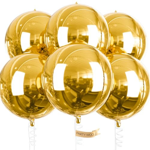 PartyWoo Metallic Gold Foil Balloons 6pcs 22 Inch Large Round Foil Big Giant 4D Jumbo Inflatable Mirror Ball Mylar Balloons for Graduation Birthday Baby Shower Anniversary Tea Party Decorations