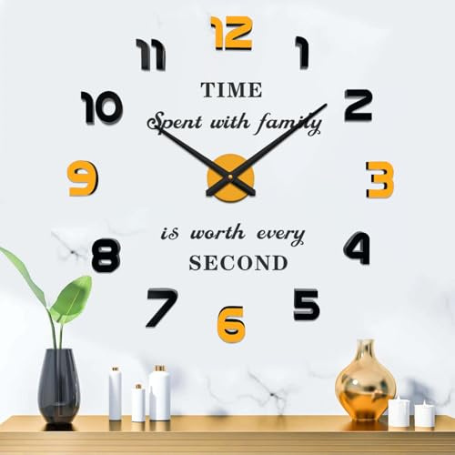 Vangold Orologio da Parete Moderno Grande orologio da Parete Senza Cornice con Specchio 3D Adesivo fai da te per Decorare la Parete Vuota di Casa (Nero Oro-42)