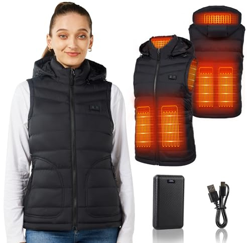 Mincoo Chaleco Calefactable Mujer: Chaleco Calefactable con Capucha Ropa Calefactable Mujer Chaleco Calefactor con Batería 7.4V 16000mAh (FR/ES, Letras, XXL, Regular, Regular, Negro)