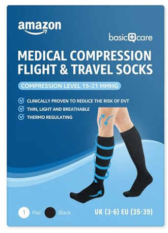 Amazon Basic Care Chaussettes de compression médicales pour l’avion et les voyages - Noir, 39-43