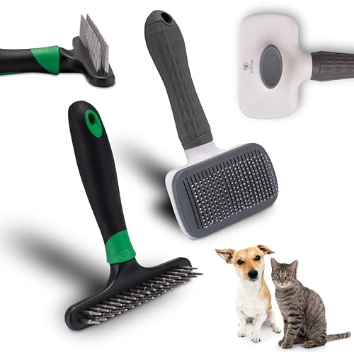 FinoPet 2er Set Hundebürsten/Katzenbürsten und Striegel, Ideal für Fellpflege & Krallenpflege, Perfektes Katzen- und Hundezubehör, Unterfellbürste für Hunde und Katzen, Welpen Zubehör