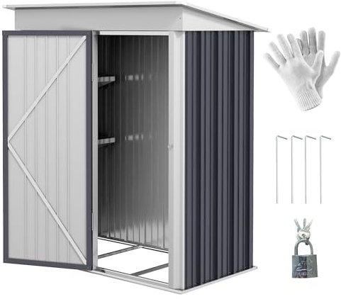 Outsunny 5x3ft Garden Shed, Steel Small Shed, Outdoor Lean-to Shed with Adjustable Shelf, Lock and Gloves for Patio, Garden, Dark Grey with Foundation Kit