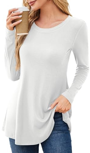 Florboom tunika damer långärmad ledig tröja med rund hals enfärgad långtröja toppar t-shirts, Vit, L