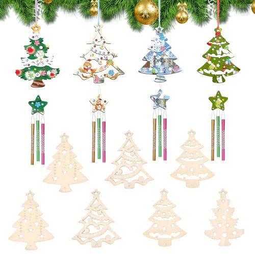 LIMITADA 12 Pcs Carillon Noël en Bois, Carillon Arbre Noël, Carillon à Vent en Bois, Carillons Éoliens de Noël, Bricolage Carillon avec Ruban, Fil, Autocollant Diamant, Stylos, Palette de Couleurs