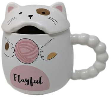 JRose Collections Cute Cat Mug with Lid and Spoon – “Playful” White Ceramic Coffee Cup – Kawaii Animal Mug for Girls Teens Kids Women – Fun Novelty Gift for Tea, Milk, Hot Chocolate or Office Desk