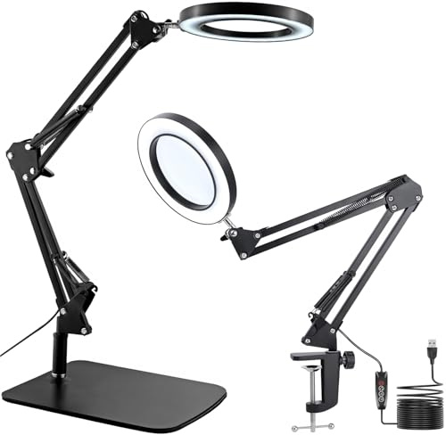 15-fache Lupe mit Licht, Tischlampe mit Ständer und Klemme, 2-in-1-LED-Schreibtischlampe mit Lupe, 3 Farbmodi, 72 LEDs, Echtglaslinse für Naharbeiten, Handwerk, Hobby, Malen, Lesen, Reparatur