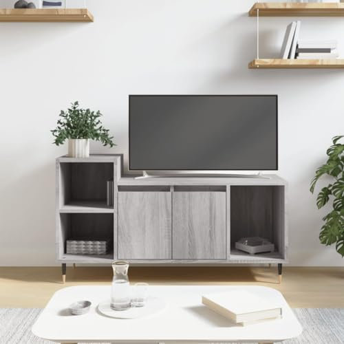 puraday TV-Schrank Wohnzimmer Holzwerkstoff 100x35x55 cm Grau Sonoma Feuchtigkeitsbeständigkeit Schlafzimmer Stereoschrank Fernsehschrank Reichlich Stauraum TV-Regal TV-Möbel