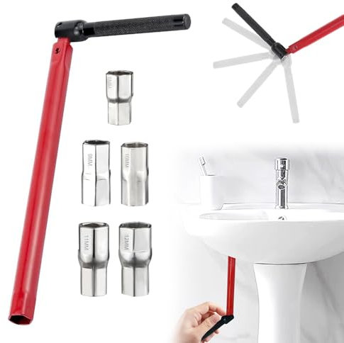 LUFEIS Tap Spanner, Faucet Installation Tool with 5pcs 8-12mm Nut Kit, Adjustable Tap Spanner Set for Bathroom Kitchen Sink Tap, Box Spanners for Taps, Multifunctional Pipe Repair Wrench